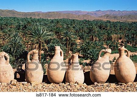 Picture - Water jugs and oasis in the draa valley. Fotosearch