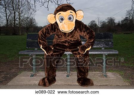 Person in monkey costume on bench View Large Photo Image Stock Image - Person in monkey costume on bench. Fotosearch