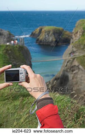 Woman photographing carrick-a-rede bridge View Large Photo Image Stock Image - Woman photographing carrick-a-rede bridge. Fotosearch