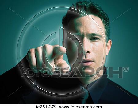 Man touching power button View Large Photo Image Stock Photo - Man touching power button. Fotosearch
