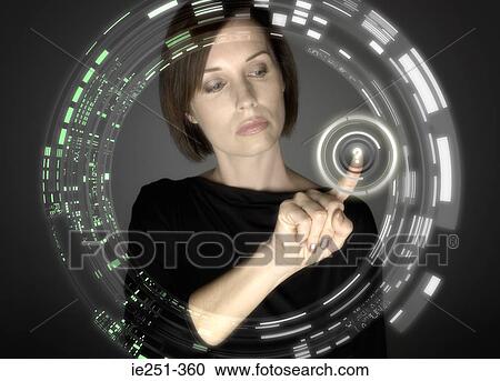 Stock Image - Woman touching question mark. Fotosearch