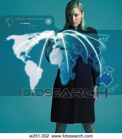 Woman with world on screen View Large Photo Image Stock Image - Woman with world on screen. Fotosearch
