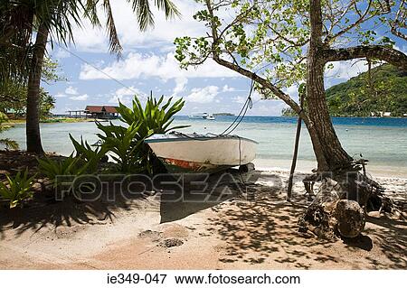 A boat moored on a beach taha'a View Large Photo Image Stock Photo - A boat moored on a beach taha'a. Fotosearch