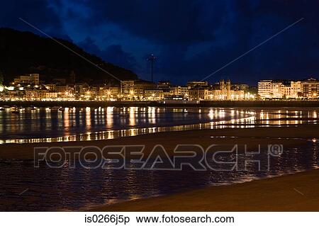 La concha beach at night View Large Photo Image Stock Photography - La concha beach at night. Fotosearch
