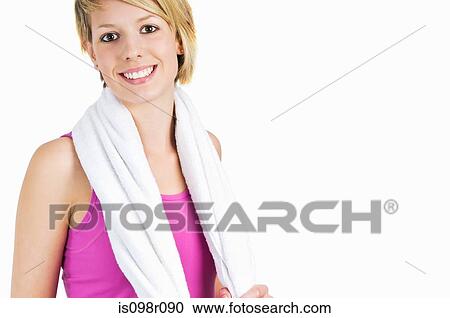 Stock Image - Portrait of a girl holding a towel. Fotosearch