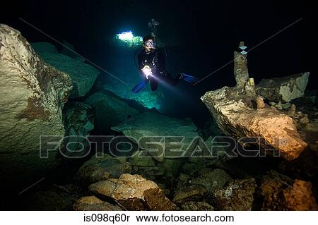 Scuba diver in cavern. View Large Photo Image Stock Photography - Scuba diver in cavern.. Fotosearch
