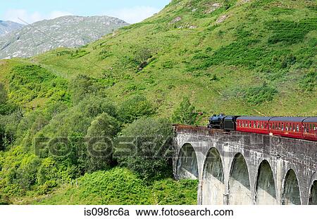Stock Image - Steam train on glenfinnan viaduct. Fotosearch