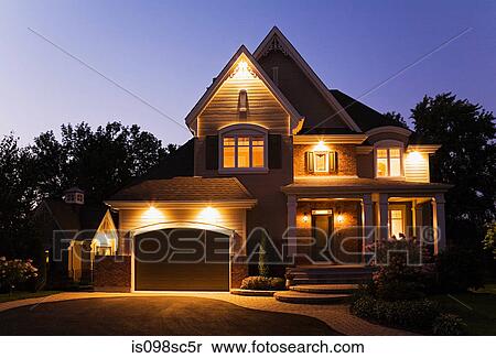Detached house illuminated View Large Photo Image Stock Photography - Detached house illuminated. Fotosearch