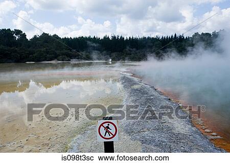 Rotorua, Waiotapu thermal area, Champagne Pool, with sign "no trespassing" View Large Photo Image Stock Image - Rotorua, Waiotapu thermal area, Champagne Pool, with sign "no trespassing". Fotosearch