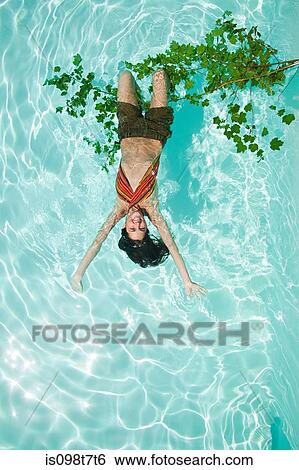 Woman hanging upside down from branch in pool View Large Photo Image Stock Photograph - Woman hanging upside down from branch in pool. Fotosearch