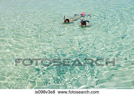 Stock Photo - Mid adult couple snorkeling and looking at fish. Fotosearch