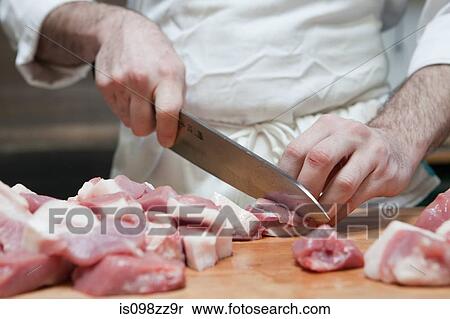 Butcher chopping meat into chunks View Large Photo Image Stock Photography - Butcher chopping meat into chunks. Fotosearch