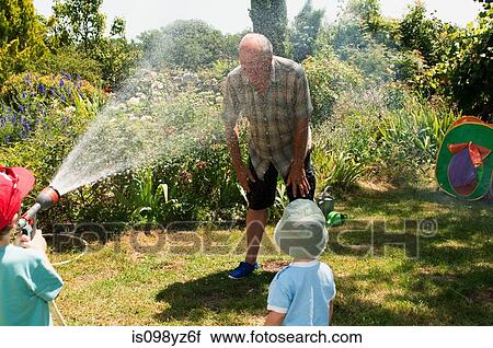 Stock Image - Grandsons spraying grandfather with hosepipe. Fotosearch