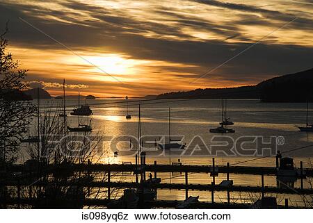 Stock Photo - Silhouetted boats on sea, Salt Spring Island, British Columbia, Canada. Fotosearch