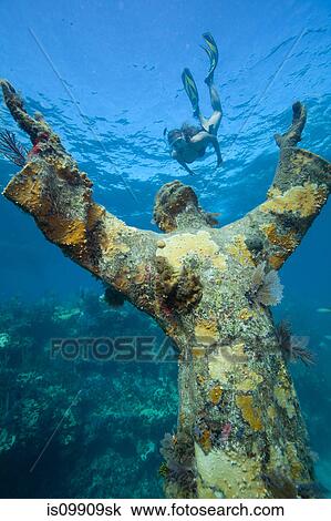 Snorkeler and underwater statue View Large Photo Image Stock Image - Snorkeler and underwater statue. Fotosearch