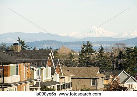 Stock Photograph - Suburban street and view of mountains, Victoria, British Columbia. Fotosearch