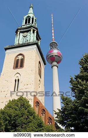 Stock Image - Marienkirche and Fernsehturm, Berlin, Germany. Fotosearch