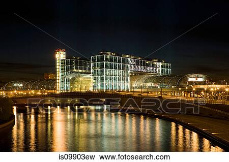 Stock Photo - River Spree and new Central Railway station at night, Berlin, Germany. Fotosearch