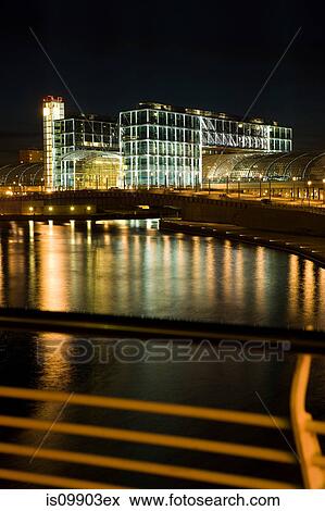 River Spree and new Central Railway station at night, Berlin, Germany View Large Photo Image Stock Photo - River Spree and new Central Railway station at night, Berlin, Germany. Fotosearch