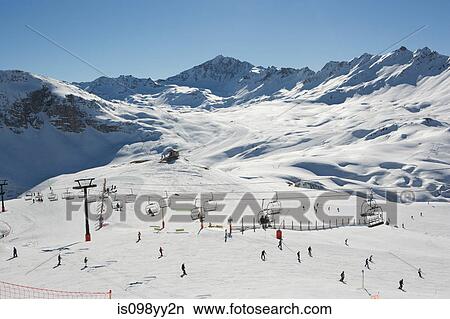 Skiers at Val d'Isere resort, France View Large Photo Image Picture - Skiers at Val d'Isere resort, France. Fotosearch