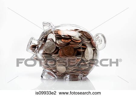 Stock Image - Transparent piggy bank full of coins. Fotosearch