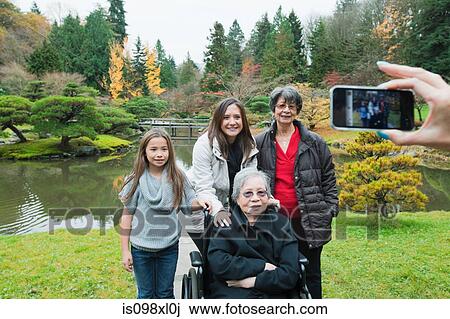 Stock Image - Woman photographing multi generation family. Fotosearch