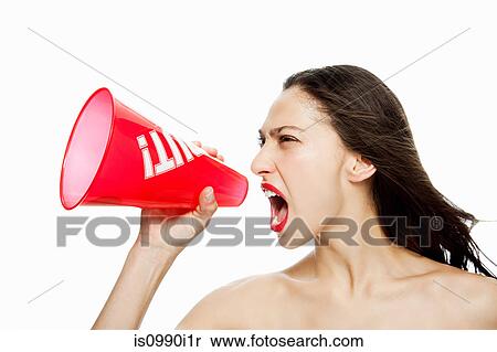 Stock Photography - Woman shouting into red megaphone. Fotosearch