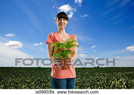 Young woman holding plant in field View Large Photo Image Stock Photo - Young woman holding plant in field. Fotosearch
