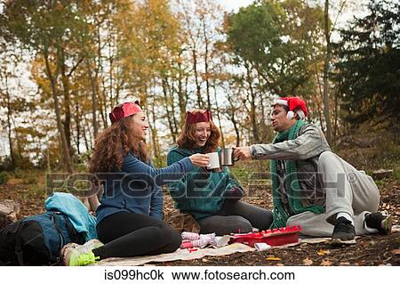 Stock Image - Young friends wearing Santa hats and crowns toasting in forest. Fotosearch