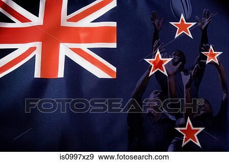 Stock Photo - New Zealand flag and rugby players. Fotosearch