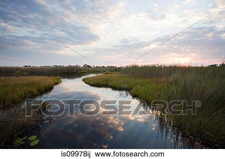 Stock Image - Sunset over the Okavango Delta, Botswana. Fotosearch