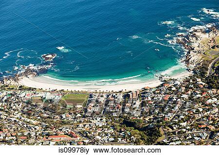 View down to beach of Camps Bay from top of Table Mountain, Cape Town, South Africa View Large Photo Image Stock Photo - View down to beach of Camps Bay from top of Table Mountain, Cape Town, South Africa. Fotosearch