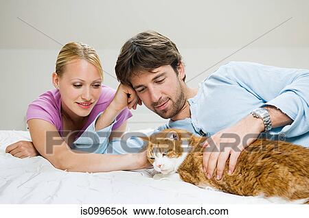 Young couple stroking cat on bed View Large Photo Image Stock Image - Young couple stroking cat on bed. Fotosearch
