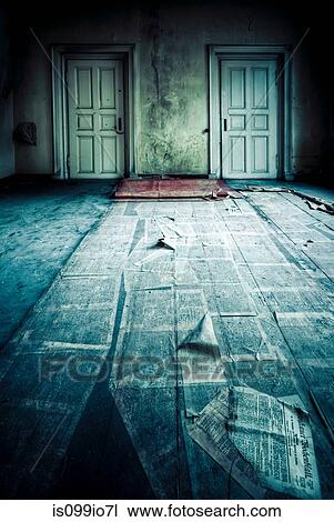 Abandoned room with two doors and newspaper on floor View Large Photo Image Stock Image - Abandoned room with two doors and newspaper on floor. Fotosearch