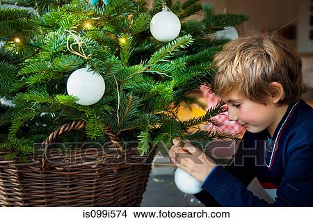 Boy decorating Christmas tree with baubles at home View Large Photo Image Picture - Boy decorating Christmas tree with baubles at home. Fotosearch