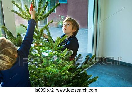 Boys decorating Christmas tree at home View Large Photo Image Stock Image - Boys decorating Christmas tree at home. Fotosearch
