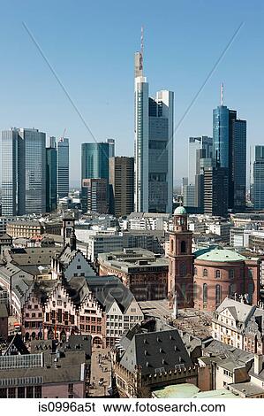 Stock Photograph - Aerial view of business and historic district, Frankfurt, Germnay. Fotosearch