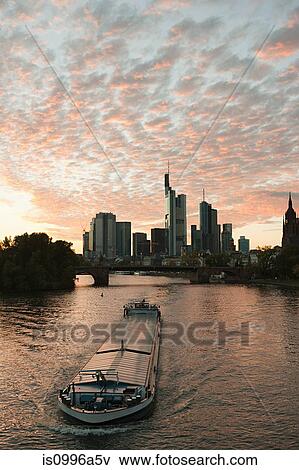 Boat on Main River at sunset, Frankfurt, Germnay View Large Photo Image Stock Photo - Boat on Main River at sunset, Frankfurt, Germnay. Fotosearch