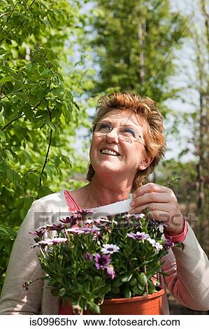 Stock Photo - Woman looking at pot plant in nursery. Fotosearch