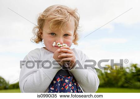Stock Photography - Girl holding daisies, looking at camera. Fotosearch