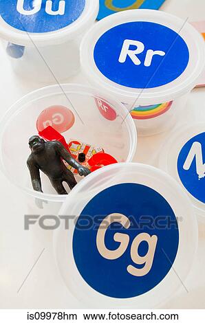 Picture - Plastic container with toy gorilla and letter g on lid. Fotosearch