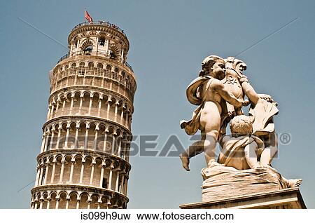 Stock Photo - Cherub Statue and Leaning Tower Of Pisa, Pisa, Tuscany, Italy. Fotosearch