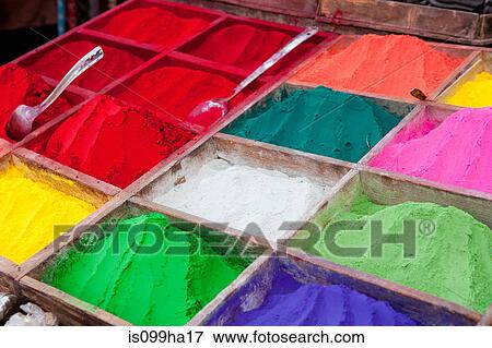 Market stall of brightly coloured dyes, Kathmandu, Nepal View Large Photo Image Stock Photo - Market stall of brightly coloured dyes, Kathmandu, Nepal. Fotosearch