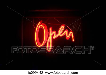 Red neon "open" sign View Large Photo Image Stock Image - Red neon "open" sign. Fotosearch