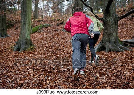 Picture - Mature couple jogging in forest. Fotosearch