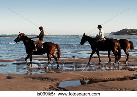 Stock Photography - Two women riding horses on beach. Fotosearch