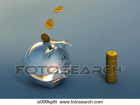 Stock Photograph - Dollar coins going into piggy bank. Fotosearch