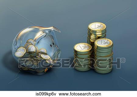 Stock Photo - Euro coins in piggy bank and stacked up. Fotosearch
