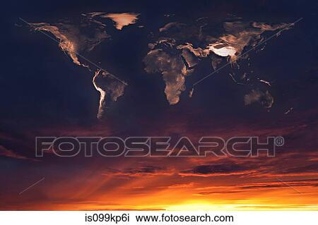 Map of the world in clouds at sunset View Large Photo Image Stock Image - Map of the world in clouds at sunset. Fotosearch