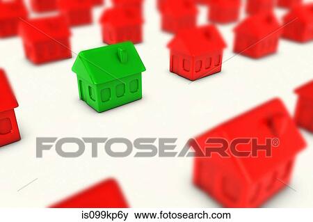 Stock Photo - One green house amongst many red houses. Fotosearch